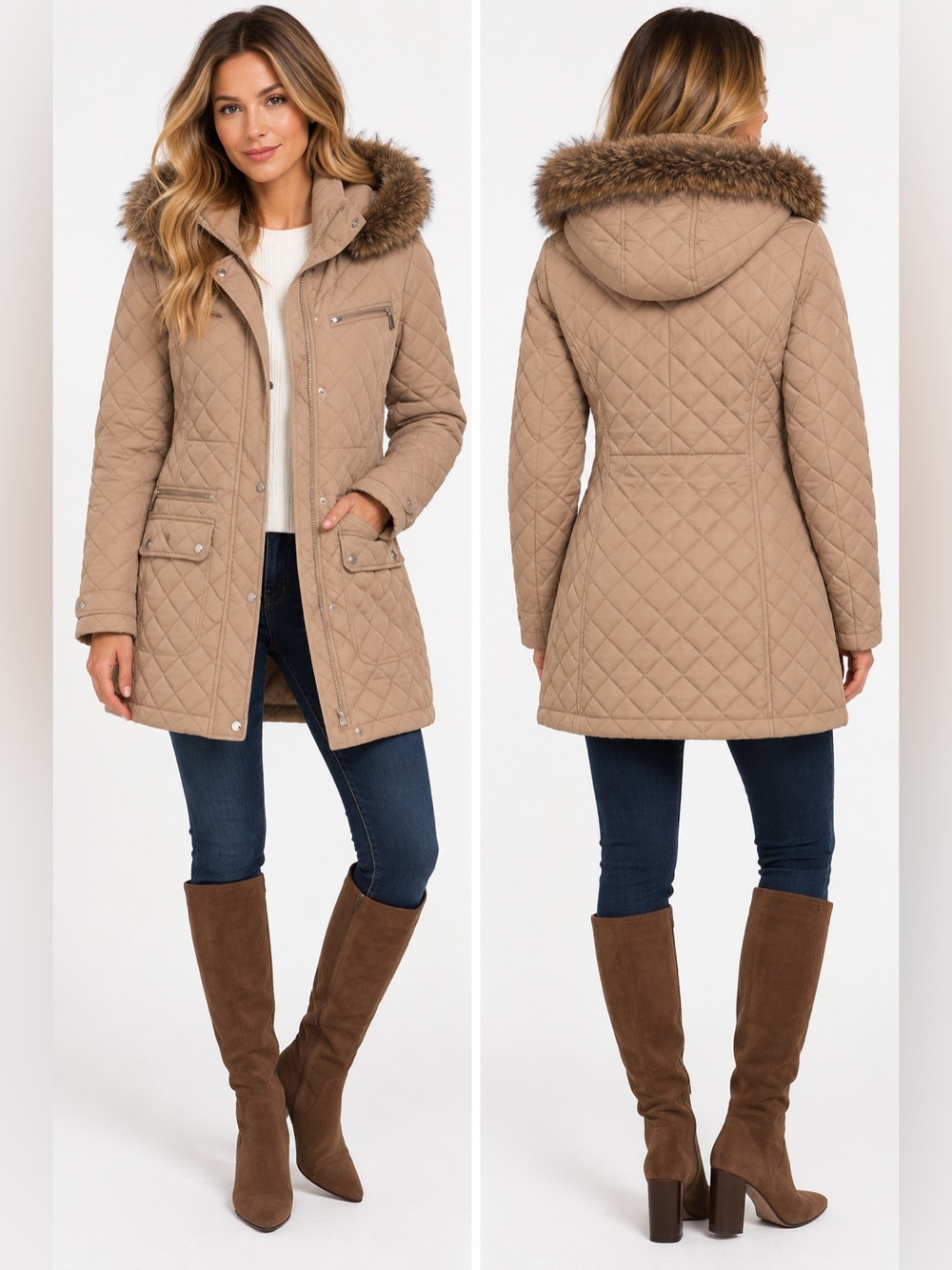 Calvin Klein Quilted Hooded Pea Coat with Faux-Fur Trim - Taupe